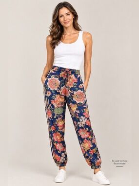 Johnny Was Navy Floral Elastic Waist Joggers with Multicolor Blooms